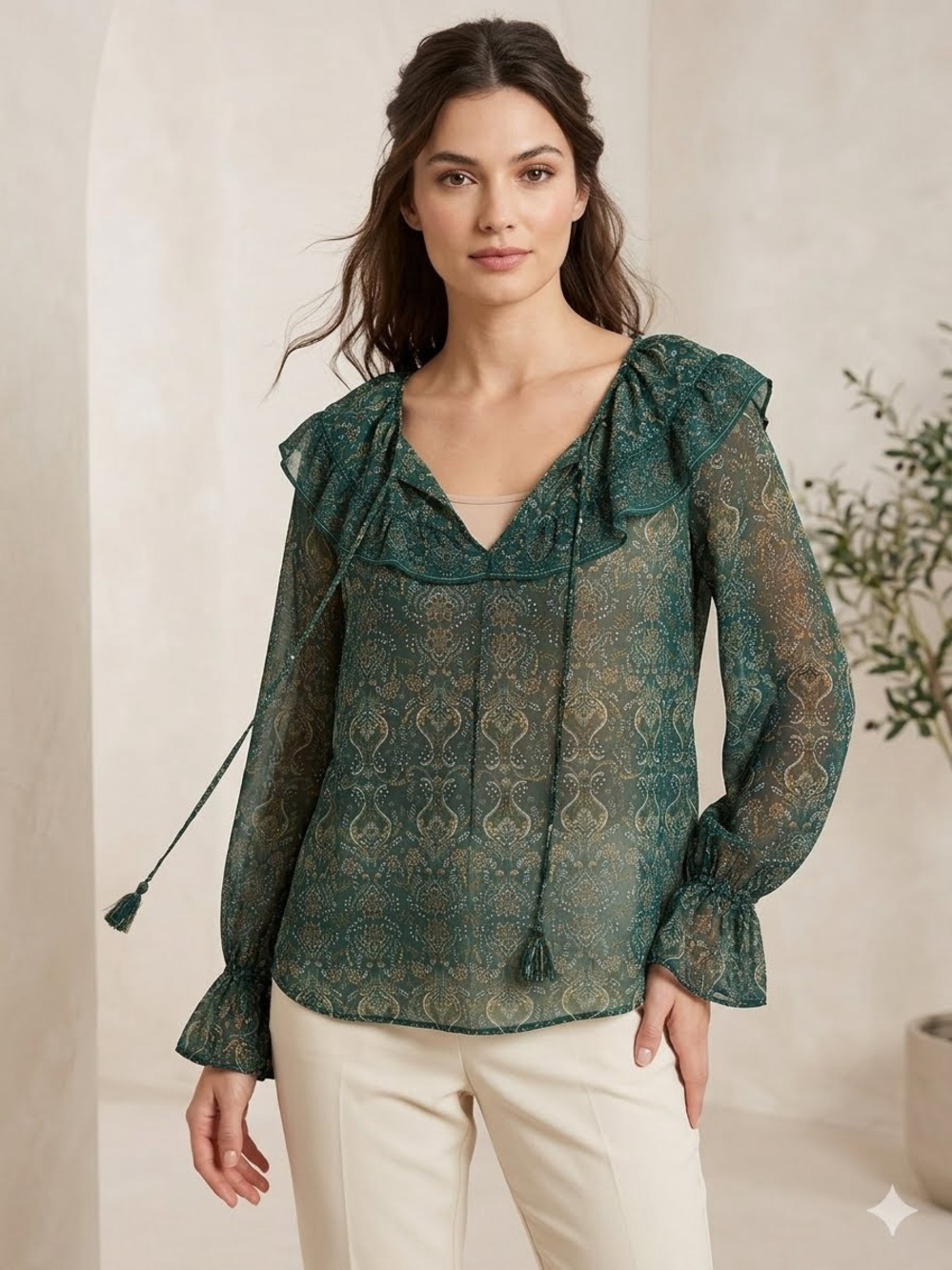 Max Studio Teal Paisley Sheer Ruffle Blouse
